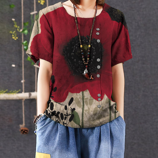 Poppy Flower Casual Short Sleeve Shirt | Summer Blouse | Women Cotton T-Shirt