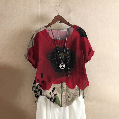 Poppy Flower Casual Short Sleeve Shirt | Summer Blouse | Women Cotton T-Shirt