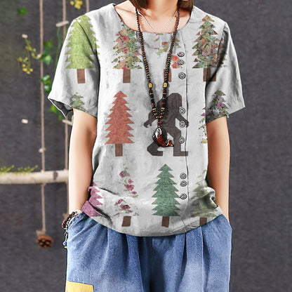 Pine Tree And Big Foot Casual Short Sleeve Shirt | Summer Blouse | Women Cotton T-Shirt