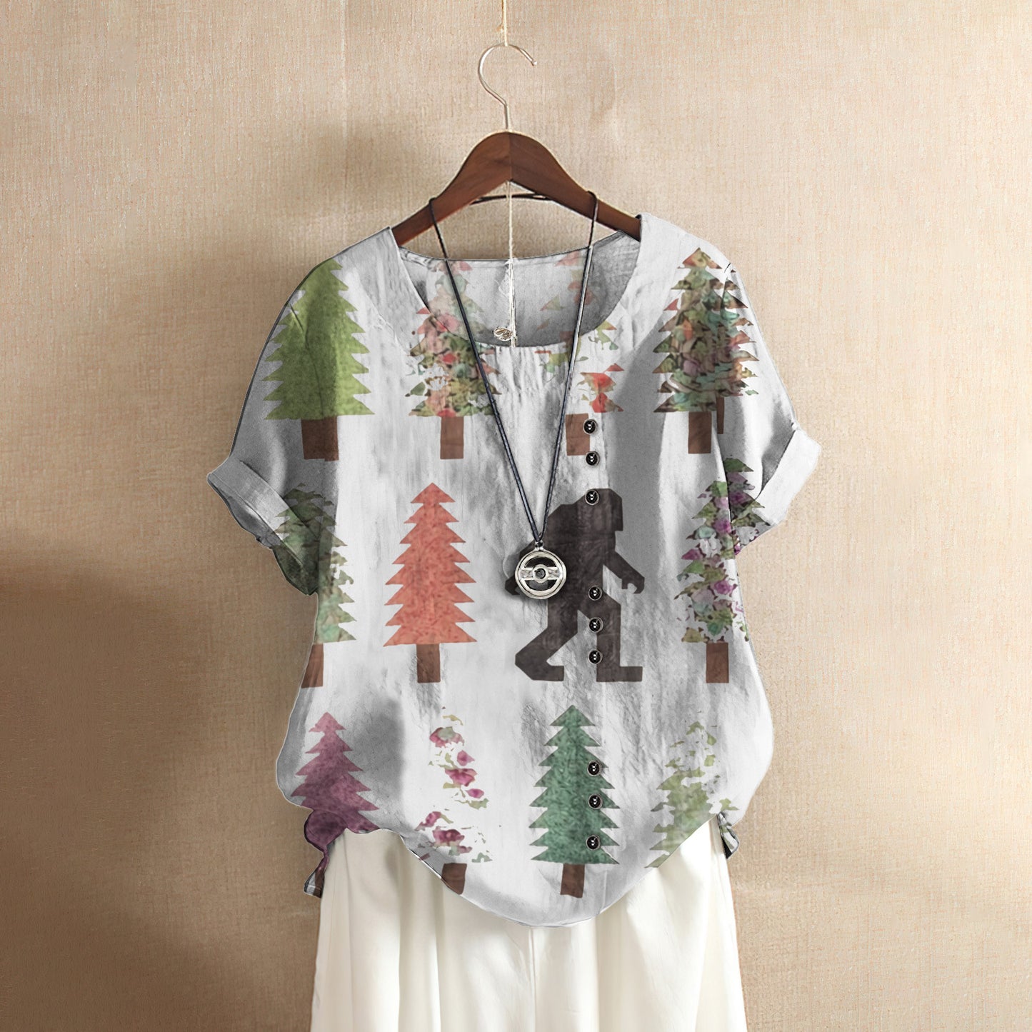 Pine Tree And Big Foot Casual Short Sleeve Shirt | Summer Blouse | Women Cotton T-Shirt
