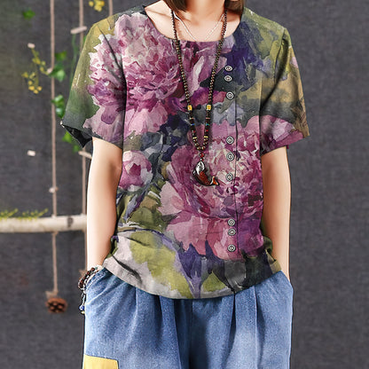 Peony Sunsine Casual Short Sleeve Shirt | Summer Blouse | Women Cotton T-Shirt