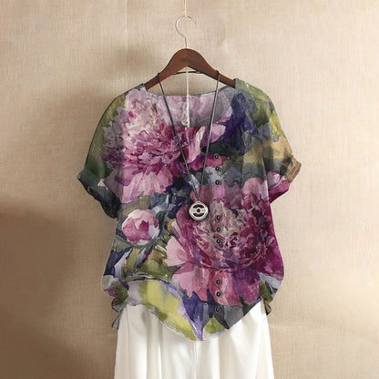 Peony Sunsine Casual Short Sleeve Shirt | Summer Blouse | Women Cotton T-Shirt